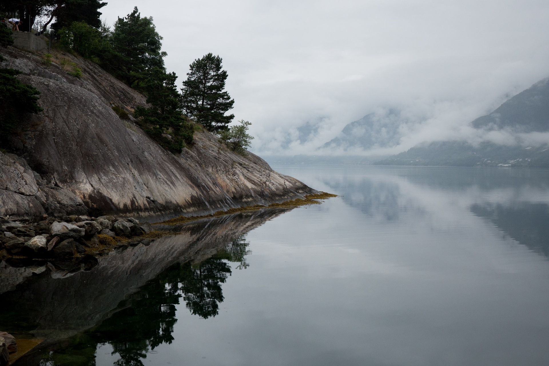 A still fjord at dusk